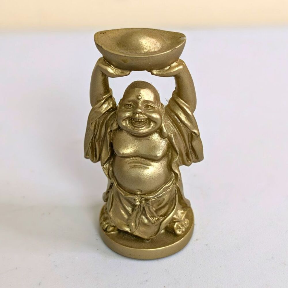 Gold Metallic Laughing Buddha Figurine Holding Bowl Dish 3in Small 3D